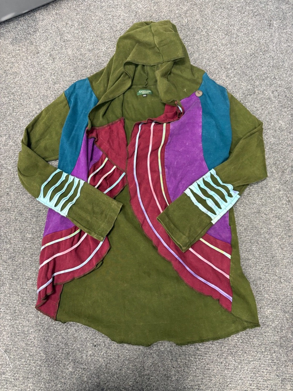 Women’s Olive Green Hooded Cardigan with Colorful Panel Accents